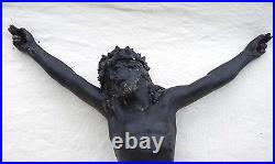 Antique Large French Crowned Christ Corpus Black Patina Zinc Tin Signed