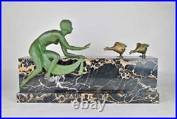 Antique Large Green Woman Geese Bronze Figurine 20TH Signed Z Kovacs Marble Base