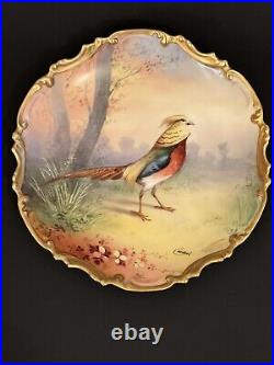 Antique Large Limoges France Handpainted Bird Charger Plate Signed Couderl