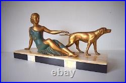 Antique Large Metal Woman With Dog Ugo Cipriani Art Deco 20th Signed Uriano Gift