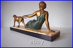 Antique Large Metal Woman With Dog Ugo Cipriani Art Deco 20th Signed Uriano Gift