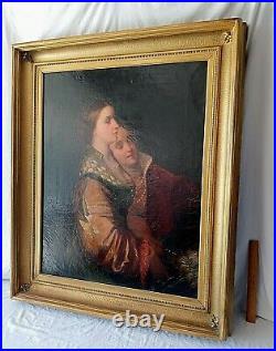 Antique Large Oil Painting Portrait Two Italian Renaissance Era Women Signed Art
