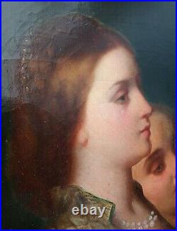 Antique Large Oil Painting Portrait Two Italian Renaissance Era Women Signed Art