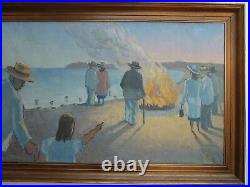 Antique Large Old Painting Modernism Signed Ek Camp Fire Coastal Wpa Ashcan Er