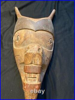 Antique Large Pacific Northwest Wooden WOLF Face Mask Folk Art Signed L B