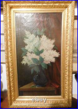 Antique Large Painting, Flowers, Late 1800's, Oil On Canvas, Signed By Artist