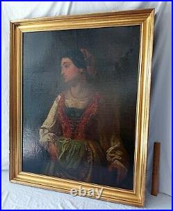 Antique Large Portrait Oil Painting Beautiful Italian Woman Signed Gold Frame