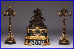 Antique Large Signed French gilt and patinated bronze clock and garniture set