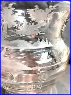 Antique Large Signed Hawkes Wheel Cut Etched Engraved Glass Vase