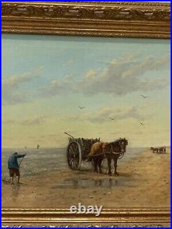 Antique Large Signed Oil Painting Man Horse Carriage Seaside Beach Mussels Hunt