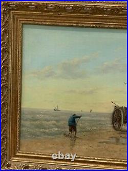 Antique Large Signed Oil Painting Man Horse Carriage Seaside Beach Mussels Hunt