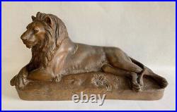 Antique Large Terracotta Reclining Lion Figurine Signed Boudarel Art Statue Dec