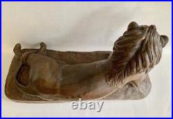 Antique Large Terracotta Reclining Lion Figurine Signed Boudarel Art Statue Dec