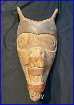 Antique Large Wooden WOLF Face Mask Folk Art Signed L B