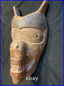 Antique Large Wooden WOLF Face Mask Folk Art Signed L B