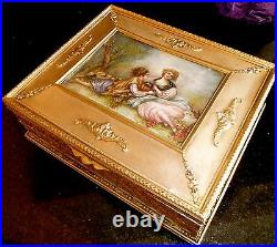Antique Large size French Bronze box with hnd ptd inset on iv artist signed