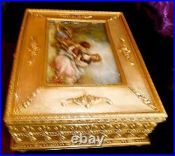 Antique Large size French Bronze box with hnd ptd inset on iv artist signed