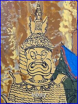 Antique Mid Century Modern Abstract Asian Thai Burmese Oil Painting, Signed