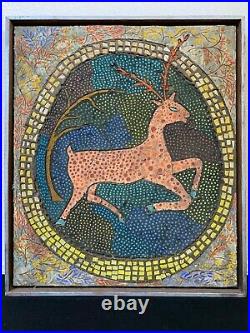 Antique Mid Century Modern Outsider American Folk Art Mosaic Painting, Signed