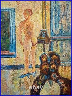 Antique Mid Century Modern Surrealist Expressionist Nude Oil Painting, Signed