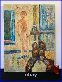 Antique Mid Century Modern Surrealist Expressionist Nude Oil Painting, Signed