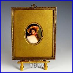 Antique Miniature Portrait Painting of a Lady in a Large Hat Signed