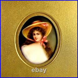 Antique Miniature Portrait Painting of a Lady in a Large Hat Signed