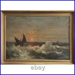 Antique Nautical Seascape at Sunset with Sailboats, Signed(OOC)/Romantic/Turner