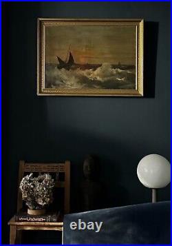 Antique Nautical Seascape at Sunset with Sailboats, Signed(OOC)/Romantic/Turner