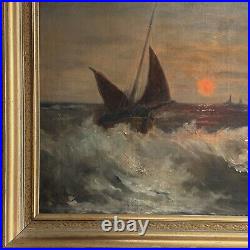 Antique Nautical Seascape at Sunset with Sailboats, Signed(OOC)/Romantic/Turner