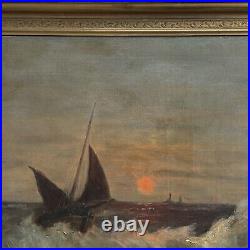 Antique Nautical Seascape at Sunset with Sailboats, Signed(OOC)/Romantic/Turner