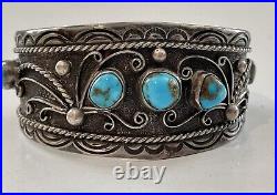 Antique Navajo Large Cuff Bracelet Signed L. Elthe with turquoise