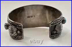 Antique Navajo Large Cuff Bracelet Signed L. Elthe with turquoise