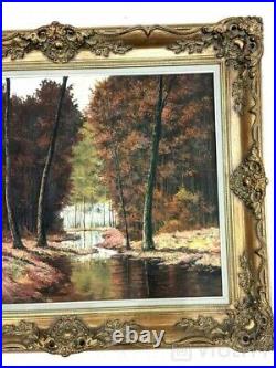 Antique Oil Canvas Stream Autumn Forest Holland Signed Framed Painting Rare Old
