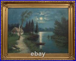 Antique Oil On Canvas Painting Moonlight Landscape Still Life Signed & Framed