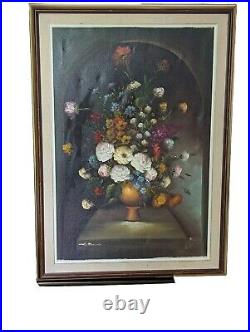 Antique Oil Painting Canvas Signed Still Life Urn Flowers Scene Framed 19 Centry
