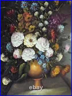 Antique Oil Painting Canvas Signed Still Life Urn Flowers Scene Framed 19 Centry