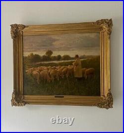Antique Oil Painting Flock Of Sheep Pastoral Painting Original Signed Maurice B