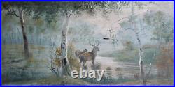Antique Oil Painting Forest Landscape Deers Signed