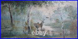 Antique Oil Painting Forest Landscape Deers Signed