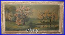 Antique Oil Painting Landscape Lake Trees Signed