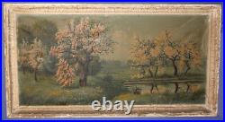 Antique Oil Painting Landscape Lake Trees Signed