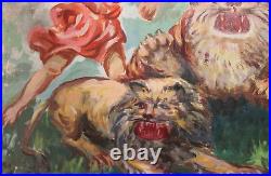 Antique Oil Painting Large Impressionist Portrait Tarzan Animals