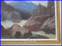 Antique Oil Painting Large Landscape Rushing River Mountain View Signed Mystery