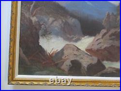 Antique Oil Painting Large Landscape Rushing River Mountain View Signed Mystery