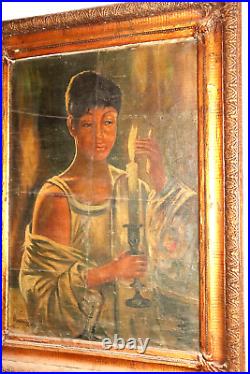 Antique Oil Painting Of African Girl Holding Candlestick, Original & Signed, Big