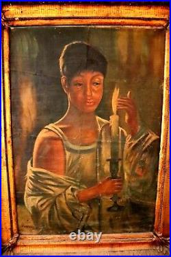 Antique Oil Painting Of African Girl Holding Candlestick, Original & Signed, Big