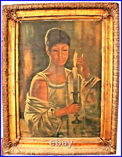 Antique Oil Painting Of Girl Holding Candlestick, Original & Signed
