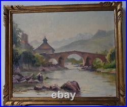 Antique Oil Painting Signed Gaston MOREAU (1885-) Landscape and Bridge