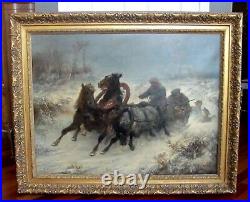 Antique Oil Painting Troika Attacked by Wolves Adolf Schreyer 1868 Museum